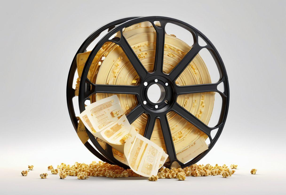 An elegant film reel unfurling, revealing iconic movie scenes and cinematic gems like a golden light shining through. Surround this with popcorn and 3D glasses, symbolizing the ultimate movie experience. Include a captivating starry night sky to evoke the magic of cinema. super-realistic. vibrant colors. white background.