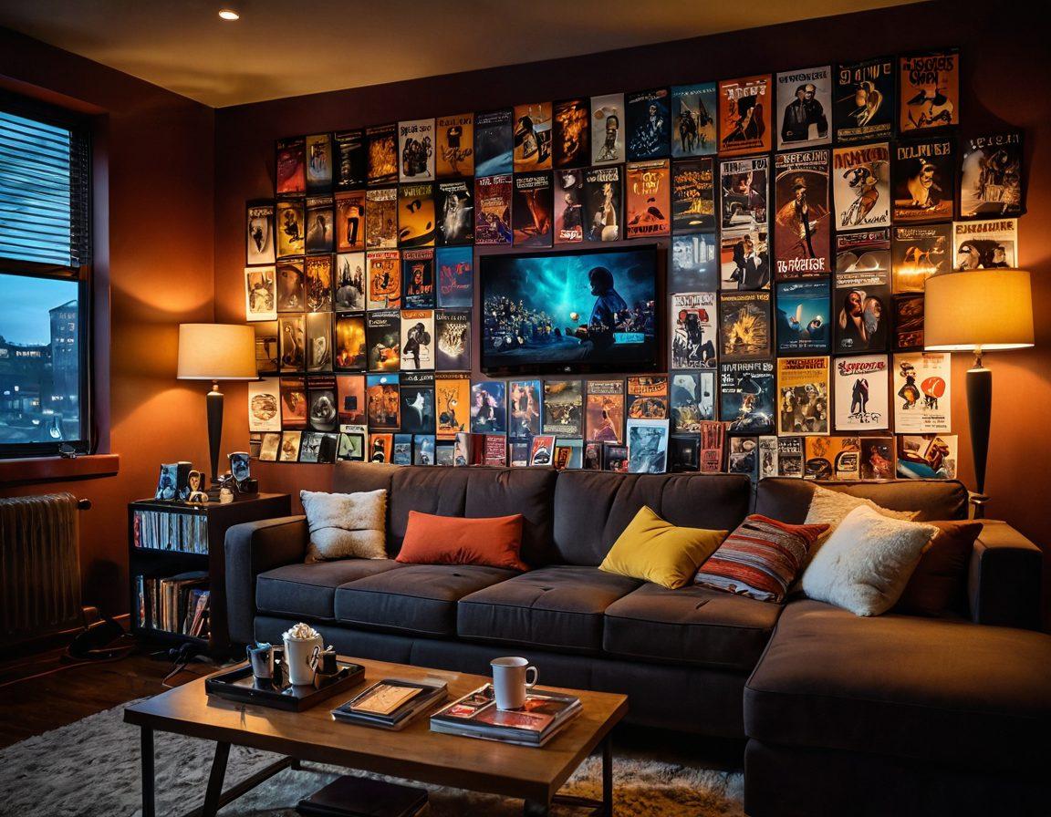 A panoramic view of a cozy, dimly-lit room filled with vibrant film posters and a plush sofa surrounded by a plethora of classic and contemporary movie reels. A steaming cup of popcorn sits on a stylish coffee table, reflecting a glowing laptop screen showcasing film reviews. The atmosphere is inviting, evoking a love for cinema and connection. warm colors, soft lighting, modern artistic style.