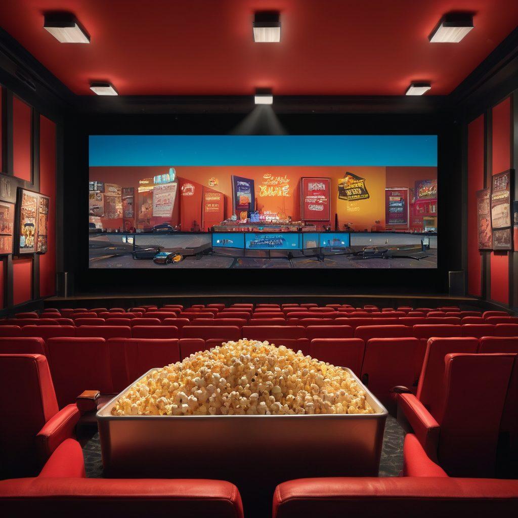 A dramatic movie theater with a large screen showcasing vibrant scenes from iconic films. The audience, immersed in the experience, express awe and excitement. Classic popcorn and drinks displayed prominently in the foreground, with film reels and posters of must-watch movies adorning the walls. The lighting enhances a nostalgic yet modern atmosphere. super-realistic. vibrant colors. cinematic lighting.